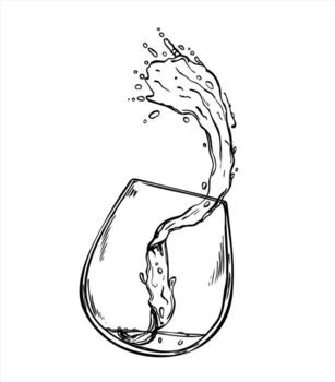 Drink splash with drops from glass dynamic illustration. Abstract flowing beverage wave with bubbles monochrome line art. Water in motion with sprays for bar menus, summer drink decor vector