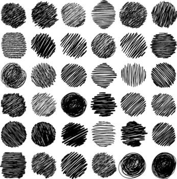 A set of hand-drawn grunge circles and dots. Includes sketchy hatching, scribbles, and round shapes, contributing dynamic texture to creative backgrounds and graphic designs. vector
