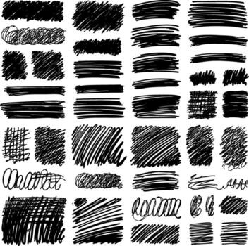 A set of hand-drawn grunge textures in square shapes. Each block features sketchy hatching, scribbles, and expressive lines, adding variety to creative compositions. vector