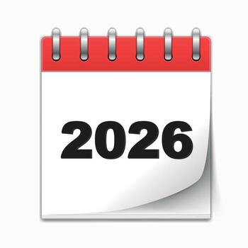 Spiral desktop calendar with bold black number 2026 on red and white page for year planning and scheduling vector