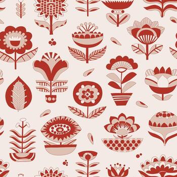 Seamless pattern with folkloric flowers. Simple plants floral shapes as a background. Hand drawn geometric minimalistic repeatable backdrop. vector