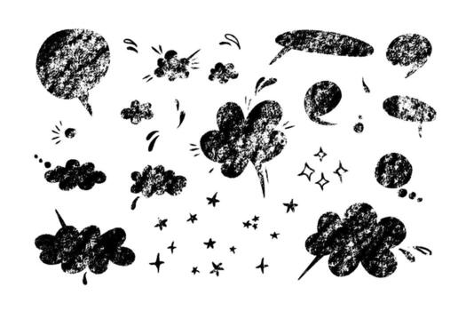 Cute hand drawn speech bubble set. Textured shapes of call out clouds with drops and stars. One color graphic element collection. vector