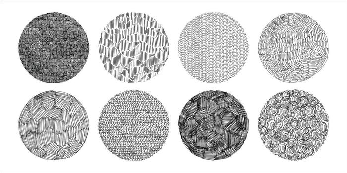 Hand drawn doodle shapes. Textured linear doodles circles set. Abstract round backgrounds or overlays. vector