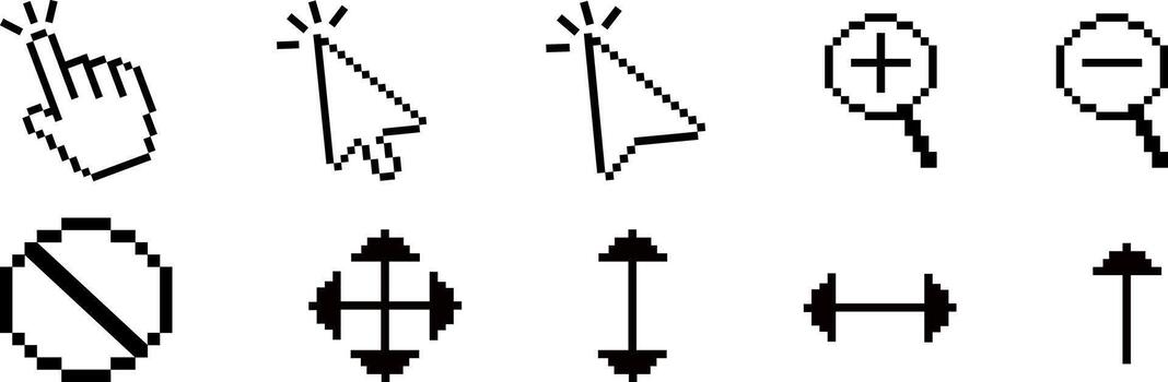 A set of minimalist pixelated computer cursors showing essential user interface actions, clicking, zooming in and out, and resizing vector