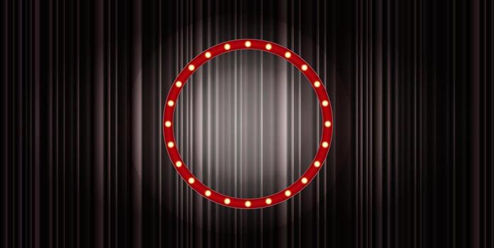 A circular vintage marquee light frame with glowing bulbs is set against a backdrop of dark draped curtains, creating an inviting atmosphere for a performance or event vector