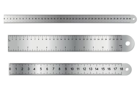 Metal ruler set. Dual measurements rulers with precise metric and inch scales. 12 inches, 40 centimeters, 30 centimeters, 18 centimeters and mixed markup scale measurement tool with shadows. vector