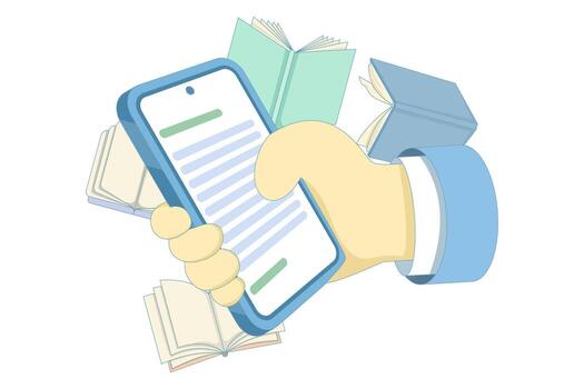 Hand holding smartphone with books vector
