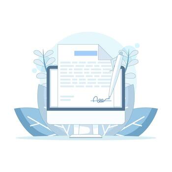 Computer with signed document illustration vector