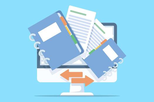 Notebooks and documents on computer screen vector