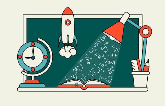 Illustration of a study desk with book, study lamp, globe clock, rocket, and chalkboard. Represents learning, science, and creative education in a school or academic environment. vector