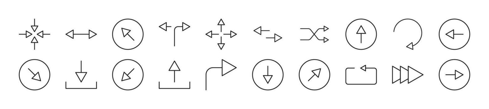 Bundle of linear symbols of arrows. Editable stroke. Linear symbol for web sites, newspapers, articles book vector