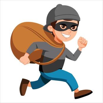 Smiling thief running with bag . Playful robber character in modern cartoon style. vector