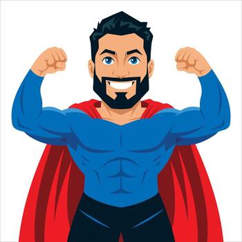 Flat illustration of smiling strong superhero man flexing muscles in a red cape. Cartoon character isolated on white background, ideal for hero and strength themes. vector