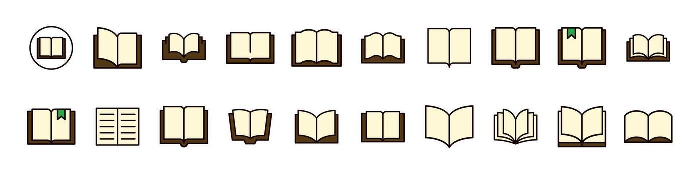 abrió libro lleno color contorno web íconos recopilación. minimalista lineal pictograma para web y gráfico diseño, aplicaciones, pancartas, social red y tarjetas vector