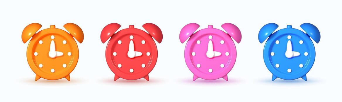 conjunto de 3d alarma reloj emoji íconos presentando vistoso mesa relojes en azul, amarillo, rosa, y rojo. Perfecto para representando despertar arriba tiempo, recordatorios, y diario horarios. vector