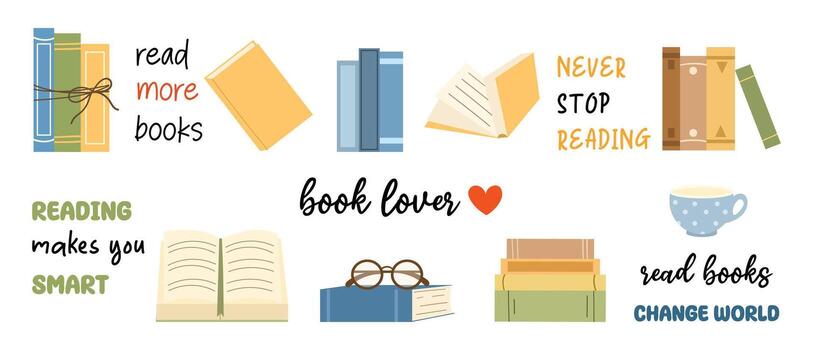 conjunto de diferente libros con citas acerca de lectura. pilas de libros a leer, abierto libros. acogedor leyendo colocar, taza y leyendo lentes. libros de texto para educación. plano ilustración. vector
