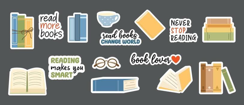 conjunto de pegatinas con diferente libros y citas acerca de lectura. pilas de libros a leer, abierto libros. acogedor leyendo colocar, taza y leyendo lentes. libros de texto para educación. plano ilustración. vector