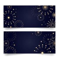 elegante oscuro pancartas con dorado fuegos artificiales y estrella destellos en un Armada azul antecedentes ideal para nuevo año celebraciones, festivo invitaciones fiesta encabezados fiesta promociones y elegante evento diseños vector