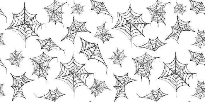 sin costura modelo de negro mano dibujado araña webs en blanco antecedentes con varios web formas para Víspera de Todos los Santos y escalofriante diseño temas, impresión, fondo, papel tapiz, textil diseño. ilustración vector