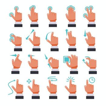 Set of touch screen hand gesture icon collection with flat or filled style, flat colored icon series with arrows showing direction of movement of fingers isolated illustration. vector