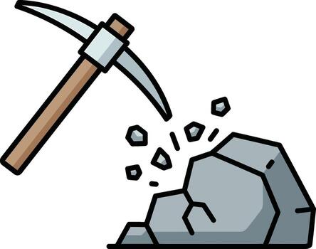 Pickaxe breaking rock, symbolizing mining, resource extraction, and hard work for industry development vector