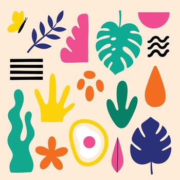 Whimsical botanical abstract shapes design evoking summer fun and playful vibes for creative projects vector