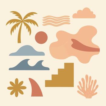 Bohemian beach vibes with sun, waves, palm tree, and desert hues in a modern art design vector