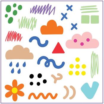 Playful abstract design with clouds, flower, rain, and scribbles for joyful creative projects vector