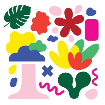 Playful botanical collage, dynamic shapes and colors create a vibrant, modern, and cheerful design element vector