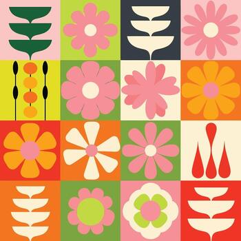 Retro floral pattern creating a vibrant and colorful display with stylized blossoms and unique leaf shapes vector