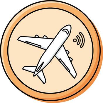 Stylized airplane with a connectivity signal, a flat design icon for in-flight Wi-Fi service, set in a circular orange frame. vector