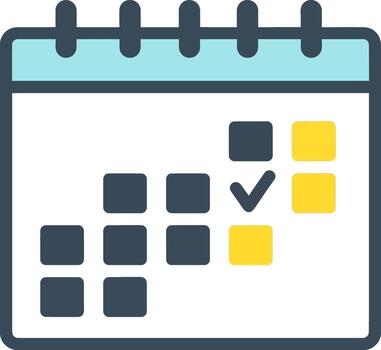 moderno plano calendario icono con marca de verificación y amarillo destacado fechas vector