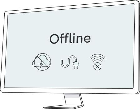 Modern Computer Monitor Illustration Displaying Offline Status with Network and Power Icons vector