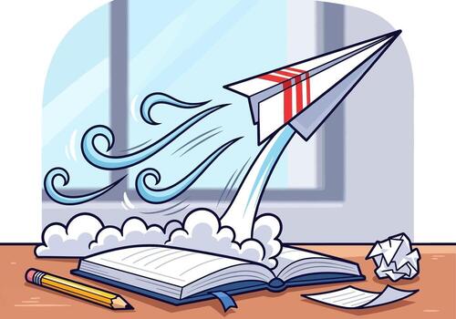 A cartoon paper airplane with red stripes launching like a rocket from an open book on a desk. vector