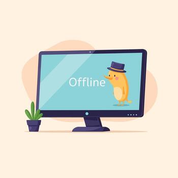 dibujos animados computadora mostrando desconectado con pájaro personaje vistiendo sombrero vector