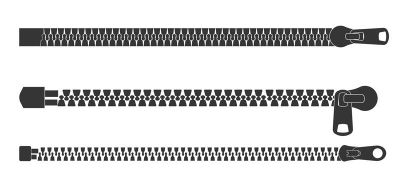 cremallera silueta, conjunto cremallera bloquear o desbloquear. cierre diapositiva con arrancador. división paño tracción cremallera. colección vestir accesorios sencillo dibujo vector