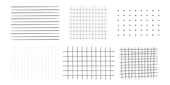Graph crayon hand drawn textured set square grid for note, geometric line set texture. Collection Crayon or pencil stripes, dots for bullet journal pages. vector