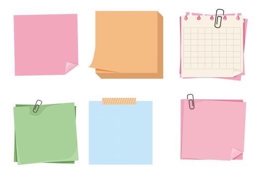 Memo sheets set, postit notes, torn labels and taped pages. Sticky planner elements, checklist and list paper for scrapbooking or school. Template set. White and craft paper. vector