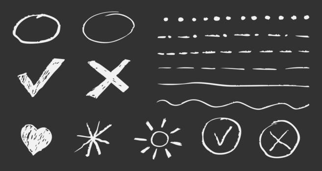 Brush hand drawn ellipses textured underline check marks highlight text. Chalk drawing on blackboard, school hand drawn scribble set. vector