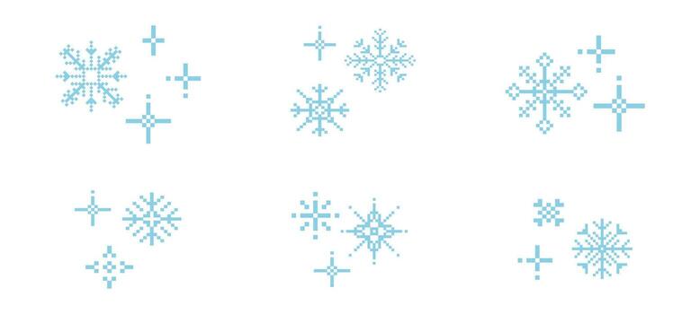 Pixel snowflake set winter retro pixilated 8 bit game stamp. Y2k snow, minimal and simple. Holiday flake ornament. Simple crystal ornament vector