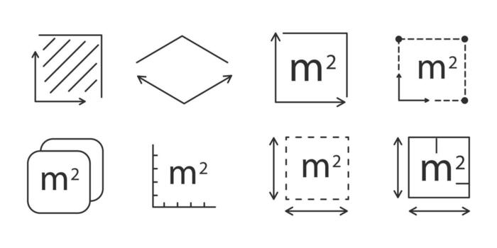 Square meter set icon line quantity area, m2 measuring area sign symbol. Simple territory measurement. Flat area square meter. vector