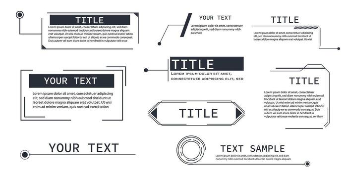Textbox frame, title callout tech hud border menu, modern line interface board. Set game elements, web design template for text, banner. vector
