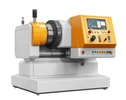 High precision CNC lathe machine with digital control panel and yellow accents, designed for metalworking and manufacturing tasks. Ideal for creating intricate parts efficiently png