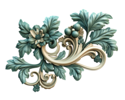 elegante floral ornamento con intrincado hojas y flores en verde azulado y crema tonos, exhibiendo detallado artesanía y artístico diseño png