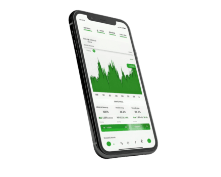 smartphone screen displaying stock market app with green graphs and data, indicating financial growth and trends. sleek design and interface suggest modern technology png