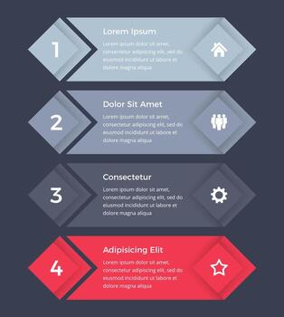 Business infographic design template with four vertical options or steps, process, workflow template, dark background vector