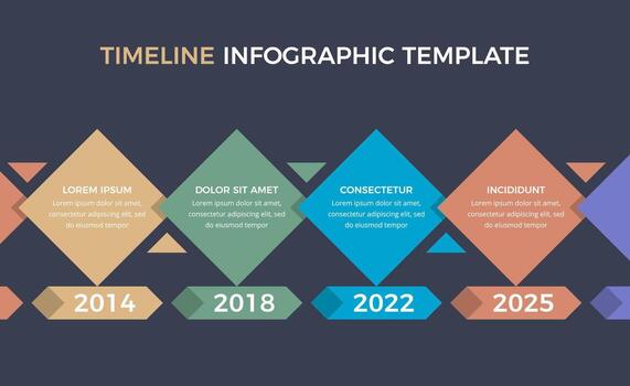 Horizontal timeline infographics template with four arrow with place for dates and text, dark background vector