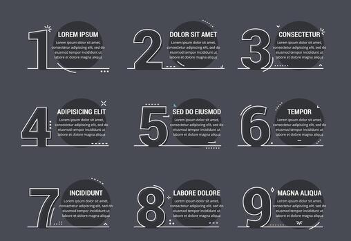 Set of line numbers with place for your text, can be used as steps, options, process design, workflow on dark background vector