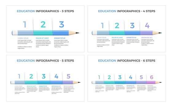 Set of four education infographic templates with pencil divided on segments with place for numbers and text vector