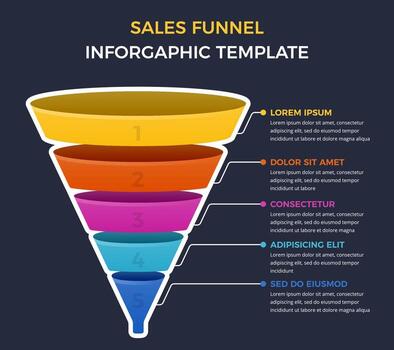 Sales funnel diagram with 5 elements, business infographic design template, dark background vector